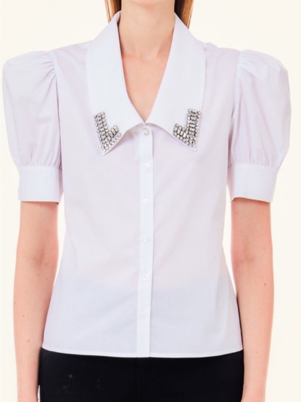 JASON WU Jeweled/Rhinestone embellished Collar With Puff Sleeves Button Down Top